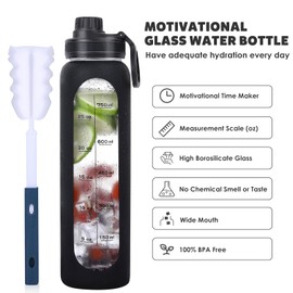GIEMIT Glass Water Bottles 32oz with Silicone Sleeve Drinking Hydration Bottles Reusable Borosilicate Wide Mouth Motivational Water Flask Canteen with Time Marker Spout Lid and Brush