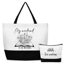 Buryeah 2 Pieces Back to School Book Lovers Gifts Tote Bag Makeup Reading Themed Bag Reusable Book Tote Bag Cosmetic Gift with Metal Zipper Employee Appreciation Gifts for Librarian Reader Women