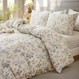 Cozaline Floral Comforter Set Queen Size Green Floral Bedding Set 3 Pieces 100% Cotton Farmhouse Botanical Bedding Breathable Soft Reversible Comforter for All Seasons