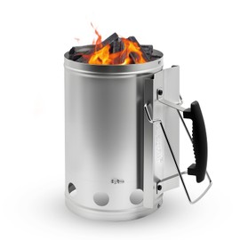 Joyagrill Charcoal Starter Holder with Electroplated Handle Durable Charcoal Chimney Starter Large Capacity fire Starter Charcoal Oven Ergonomic Tilted Handle – Outdoor Grilling & Camping, Sliver