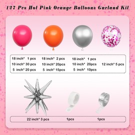 Hot Pink Orange Balloons Garland Arch Kit,127PCS Silver Confetti Latex Metal Aluminum Foil Balloons for Baby Shower Ladies Birthday Anniversary Party Decor Supplies