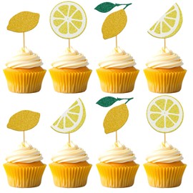 24 PCS Lemon Cupcake Toppers Glitter Summer Fruits Lemon Cupcake Picks Lemonade Party Decorations for Summer Fruits Lemonade Theme Baby Shower Boy Girl Birthday Party Decorations Supplies