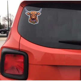 Floral Highland Cow Aesthetic Vinyl Sticker – Waterproof 5-Inch Decal for Cars, Bikes, SUVs, Trucks, Helmets, Laptops, Water Bottles, Notebooks, Guitars, and More
