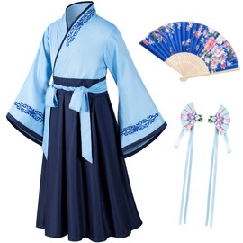 Asian Traditional Dress Kimono Robe for Kids Girls Costume Silk Folding Fans hairstick Cosplay（Blue Navy 110cm