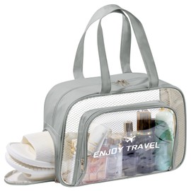 BuyCard Large Travel Clear Toiletry Bag with Shoes Compartment, Clear Makeup Bag Organizer, Carry-on Toiletries Cosmetic Pouch with Zipper and Handle, Waterproof PVC Tote Handbag Purse, Grey