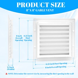 8" x 8" Gable Vents Aluminum Alloy Attic Vents with Screen, Stylish Design Louvered Wall Vent Outdoor Vent Cover, for Ventilation Exterior Wall House - Vent Opening: 6" x 6", White