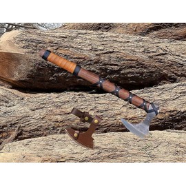 Scarpio Cutlery 20" Custom Hand Forged Real Ragnar Norse Viking Axe Hatchet, Splitting Axe, Rose Wood Shaft with Beautiful Design Leather wrap Into Handle.