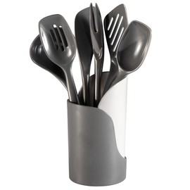 Hutzler 7-Piece Mini Melamine Cooking Utensils and Storage Crock Set, Includes 7.5 Inch Long Fork, Slotted Spoon, Solid Spoon, Ladle, Spreader and Slotted Turner (Gray)