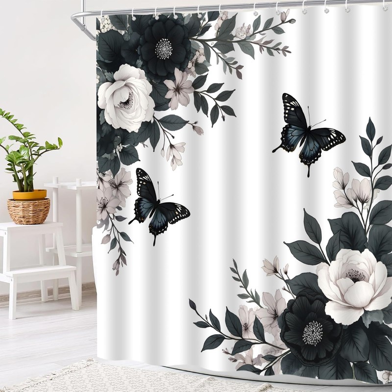 CWHCWA Black Grey Floral Shower Curtain, 70x70 Inch