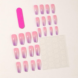 Medium Coffin Press on Nails Ombre Fake Nails Chrome Designs Glossy Acrylic Nails Full Cover Artificial False Nails French Tip Glue on Nails Gradient Nails Press ons for Women Manicure 24Pcs