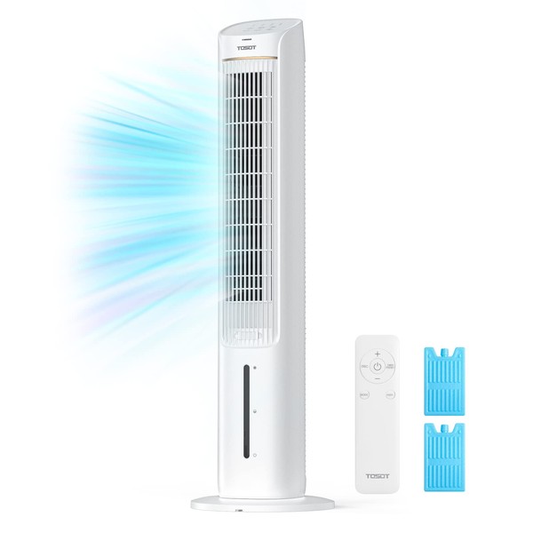 TOSOT Tower Fan Oscillating 80°, Cooling Fan with 2 Ice Packs, CFM 360m³/h, 3 Speed Quiet Fan with Remote Control, 7 Hours Timer, Humidifiers with Removable 4L Water Tank, Floor Fan for Home Bedroom