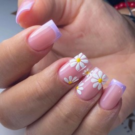 False Nails Short - 24pcs Daisy Flower Patterns French Tip Nails - 12 Sizes Square Purple Press on Nails - Fake nails with Glue - Multicolor Flower Full Cover Stick onNails for Women Girls