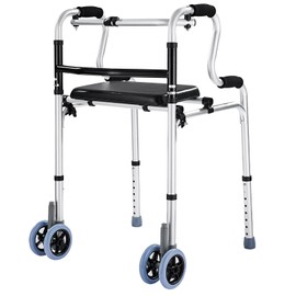 Folding Walkers with Wheels and Seat 390LB,Auto Brake Double Front 5" Wheel Walker,Lightweight Standard Walkers for Seniors,Aluminum Rolling Walker for Adults,Height Adjustable Walking Mobility Aid