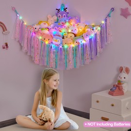 MHJY Toy Hammock Stuffed Animals Storage Net Soft Cuddly Toys Large Corner Hanging Net With LED Light Hand Woven Plush Macrame Organizer with Tassel for Kids Bedroom Nursery