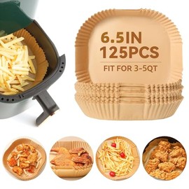 Air Fryer Paper Liners, 125Pcs Parchment Paper for Baking, Air Fryer Disposable Paper Liner for Microwave, Non-Stick, Oil-proof and Water-proof for Easy Cleanup (125, 6.5''Square)