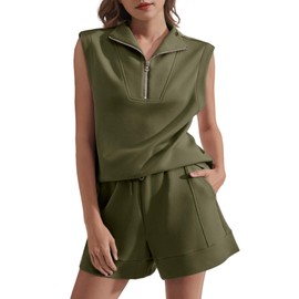 Glamaker Women's Two Piece Short Sets Summer Lounge Sweatsuits Air Essentials Sleeveless Outfits Travel Tracksuit, Olive Green, Small