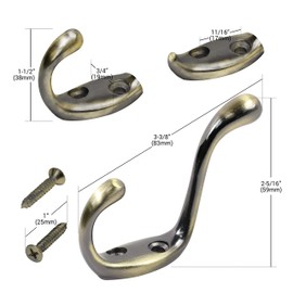 Rok Hardware Heavy Duty Dual Home Closet Wall Towel Coat Hook, 3-1/2", Antique Brass ROKCH101AB