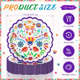 FillTouch 120 Pcs Mexican Paper Plates 7 Inch Disposable Fiesta Dessert Plates White Mandala Flower Cinco De Mayo Party Decoration for Taco Tuesday Carnival Birthday Party Supplies