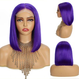 RUOXUAN Purple 5x5 Lace Front Short Bob Wigs Human Hair For Women Pre Plucked Pre Cut Purple Glueless Wigs Human Hair 180% Density Straight Frontal Lace Colored Wig Short Bob 10 Inch