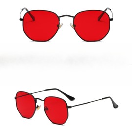 WDZAYXC Fashion Polygonal Sunglasses for Men and Women, Lightweight Metal Frame Glasses, UV400 Protection (Black/Red), black