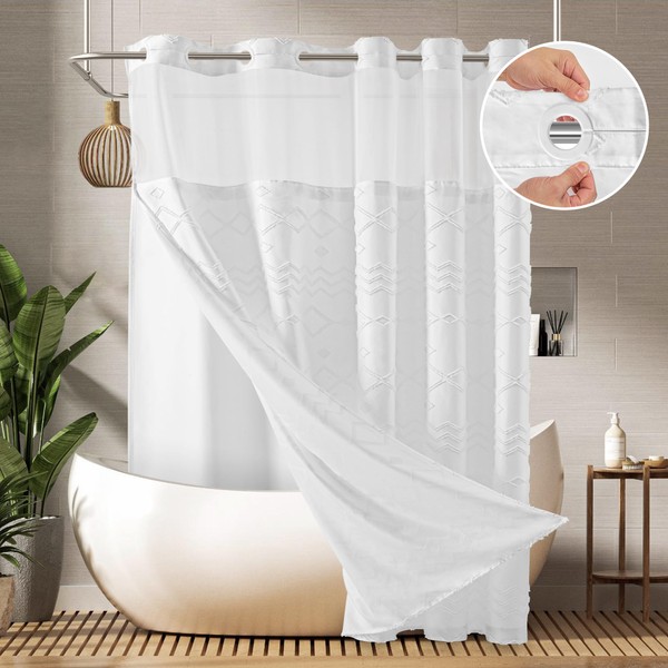 PANGSINNE Long No Hook Tufted Chevron Striped Shower Curtain with