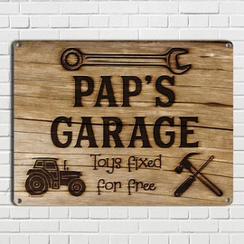 Pap’s Garage Toys Fixed for Free, 11.5 x 15.5 Inch Aluminum Sign, Vintage Workshop and Garage Signs Wall Decor, Gifts for Papa, Dad, Pop, Woodworking, Woodturning, Cabinet Maker, Mechanic