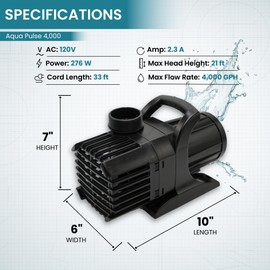 HALF OFF PONDS Submersible Water Pump, 4,000 GPH Pond Pump with 33FT Power Cord and 21FT Max Head, 276W Ultra Quiet Energy Efficient Pump for Koi Pond, Fountain, Waterfall, Water Garden, Skimmer