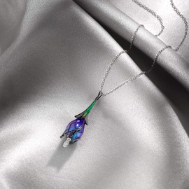 Santuzza Purple Tulip Pendant 925 Sterling Silver Cubic Zirconia Handmade Enamel Flower Pendant for Women