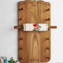 Pioneer Woman Floral Rolling Pin with Acacia Wood Wall Mount Holder, 30 x 17 inches, Natural Wood