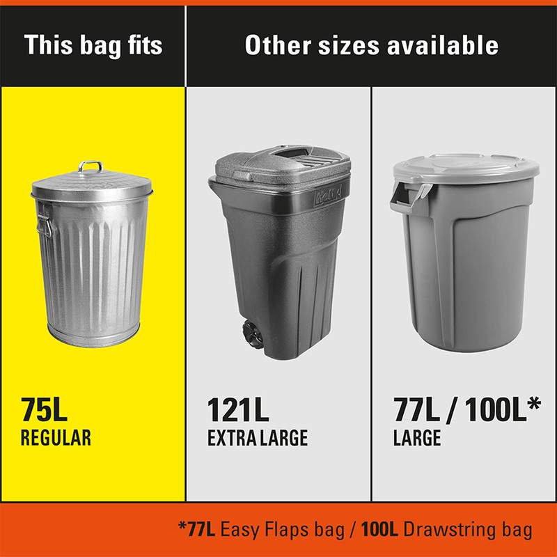 Hefty® Garbage Bags, Strong Regular 75 Litres Black, Easy Flaps,