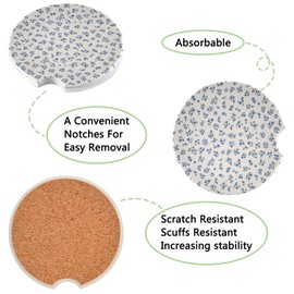 Burbuja Little Blue Flower Car Coasters for Cup Holder 2 Pack, Absorbent Ceramic Car Cup Holder Coasters with Finger Notch, Cute Car Assecories for Women