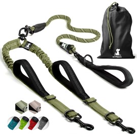 SparklyPets Double Dog Leash for 2 Dogs – Rope Bungee Dual Leash for Medium and Large Breeds with Padded Handles & Tangle Free (Green Range, Medium/Large)
