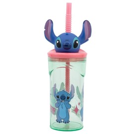 OM SUPPLIES Stitch 3D Figurine Cartoon Characters Reusable Tumbler Childrens Drinking Cup Straw 23 x 7.5 x 7.5cm Includes Half Size 12pcs Pencil Set (Stitch)