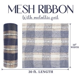 MEEDEE Navy Deco Mesh 10 Inch Metallic Fabric Plaid Mesh Navy & Champagne & Snowball Mesh Ribbon for Christmas Tree, Wreaths, Garland, Gift Wrapping, Bows Making (30 Feet)