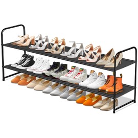 SLEEPING LAMB Long 2-Tier Shoe organizer for Closet, Stackable Wide Shoe Rack Holds 18-Pairs Low Shoe Shelf Storage for Bedroom, Floor, Entryway(Black)