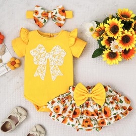 9-12 Month Girl Clothes Baby Summer Outfits Cute Bow Romper Ruffle Sleeve Infant Flower Dress Shorts Set with Headband Yellow