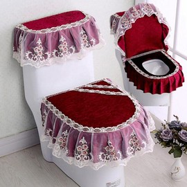 [Dajilong] Italian velvet lace zipper toilet mat set, new wine red floral paper 3 piece set, 1 set / [다있지롱] 이태리 벨벳 레이스 지퍼 변기 매트 세트, 뉴 와인레드 플로럴 페이퍼 3개 세트, 1세트