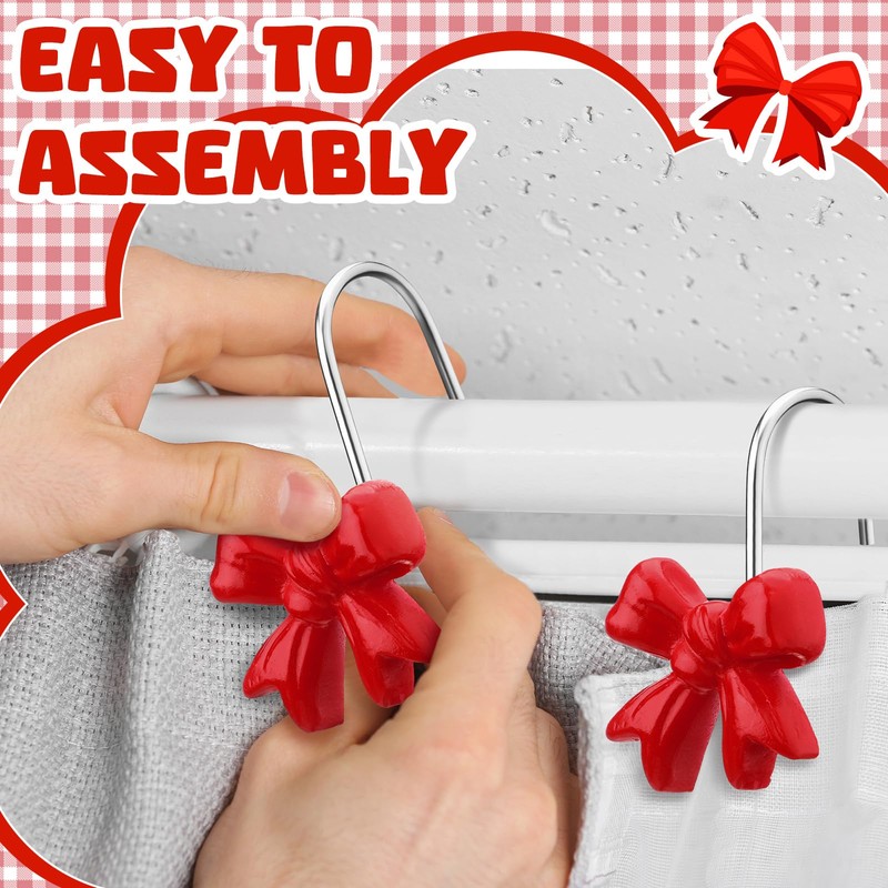 Yaocom 12 Pcs Red Bow Knot Shower Curtain Hooks Rustproof