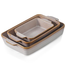 HVH 9x13 Baking Dish Set, Large Casserole Dishes for Oven, Ceramic Bakeware Set of 3, Rectangular Lasagne Pan Deep for Baking (Sand Color)