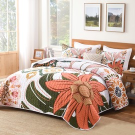 Andency Floral Boho California King Quilt Bedding Set Pink, 3 Pieces Farmhouse Flower Botanical Summer Oversized King Bedspreads, Soft Reversible Lightweight Microfiber Coverlet Set, 104"x112"