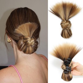XCHJH Brown Highlight Clip-On Feathered Messy Bun Hair Piece for Women Hair Clips for Thin Hair 2025 New Hgyugrf Messy Buns Hair Piece Daily Use (Highlight Brown)