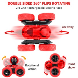 Remote Control Car for Kids Ages 6+, RC Cars Stunt Car Toy 4WD Double Sided 360° Rotating， 2.4Ghz Remote Control with Headlights, Drift RC Race Car Birthday Gifts for Boys 6 7 8 9 10 11 12 (Red)