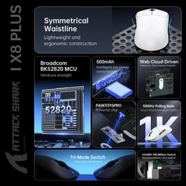 ATTACK SHARK X8 PLUS Wireless Gaming Mouse,55g Ultra-lightweight Wired/BT/2.4GHz Wirelss Programmable Mouse,1K Polling Rate,PixArt PAW3395PRO Sensor,40000 DPI,Gamer Mice for PC/Win/Mac/Big Hand(White)