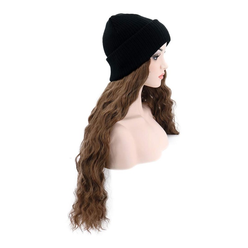 PATTNIUM Beanie Wig Brown Long Curly Wig Beanie Hat with