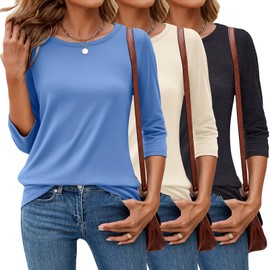 Ficerd 3 Pack 3/4 Sleeve Tops for Women Round Neck Dressy Basics Tees Casual Trendy Loose Fit T Shirts(Dark Gray, Cream, Sky Blue,Medium)