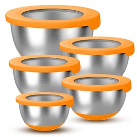 KITEISCAT Stainless Steel Mixing Bowls with Airtight Lids Set of 5, Nesting Mixing Bowls for Kitchen, Orange, Dishwasher Safe, Non-Slip, Multi-Purpose for Cooking, Baking, Prepping & Food Storage