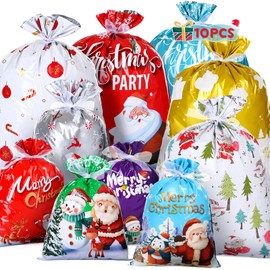 LIHAO Bolsa de Regalo Para Navidad, Bolsa de Envoltura con Cintas, Bolsa de Diferentes Tamaños para la Decoración de Fiestas de Navidad, 10 Piezas