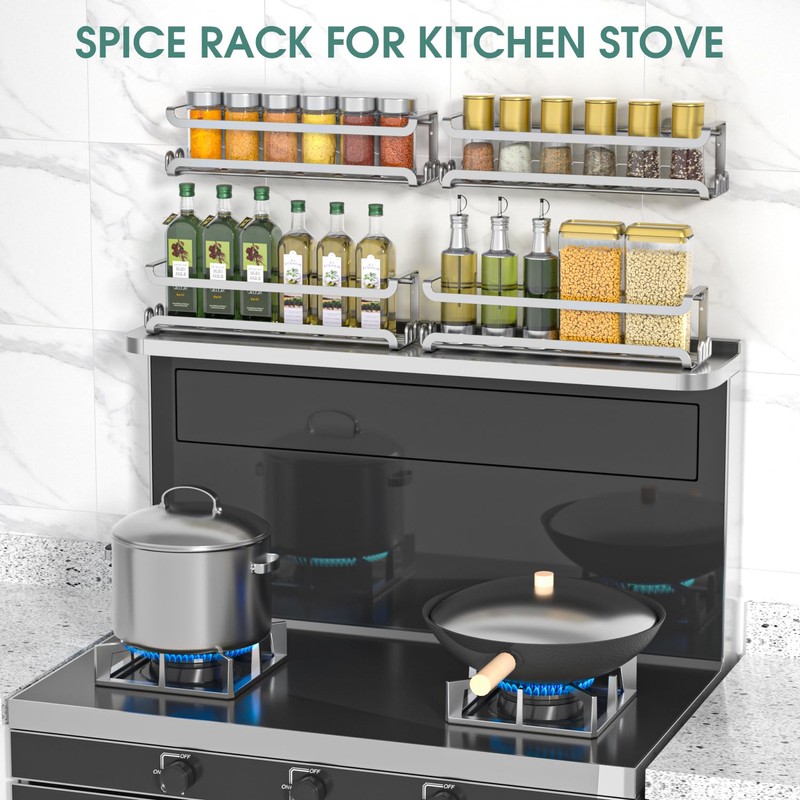 LUCYCAZ 4 Pack Wall Mounted Spice Rack with 16 Hooks,