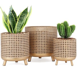 JHY DESIGN Set of 3 Plant Pots 10/8.5/7''H Metal Decoration Flower Pots with Hollow Design Large planters for Indoor & Outdoor Garden Home Balcony Railing Fence Plants(Gold)