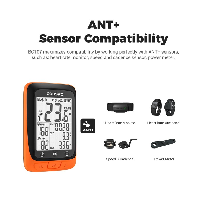 COOSPO BC107 Bike Computer GPS Wireless, ANT+ Cycling Computer GPS